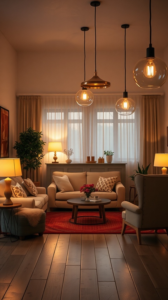 Cozy living room with warm lighting and comfortable furniture