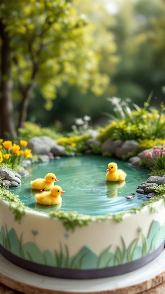 A beautifully decorated cake featuring yellow ducklings on a pond surrounded by rocks and flowers.
