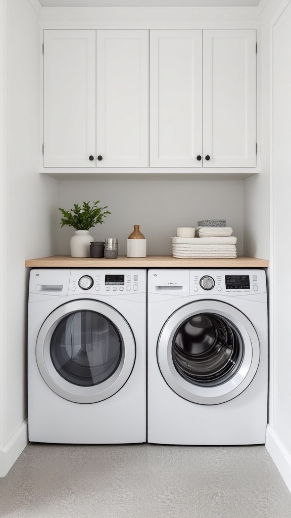 White laundry room cabinets above washing machines with neatly stacked towels and decor.