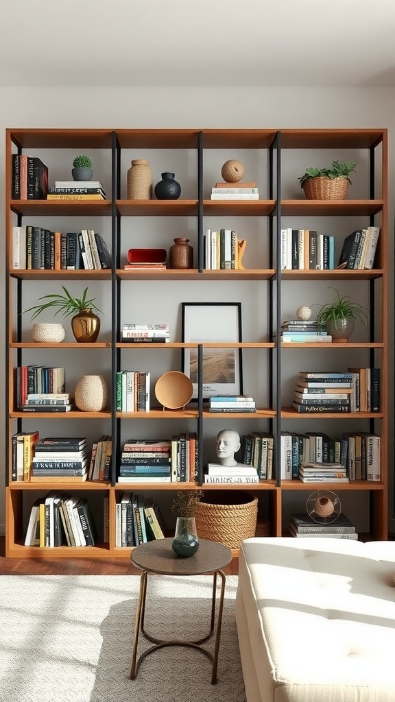 Stylish wooden shelving with books and decorative items in a cozy living room.
