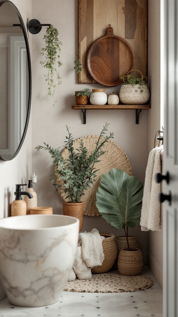 Handmade pottery used for storage in a boho bathroom setting.