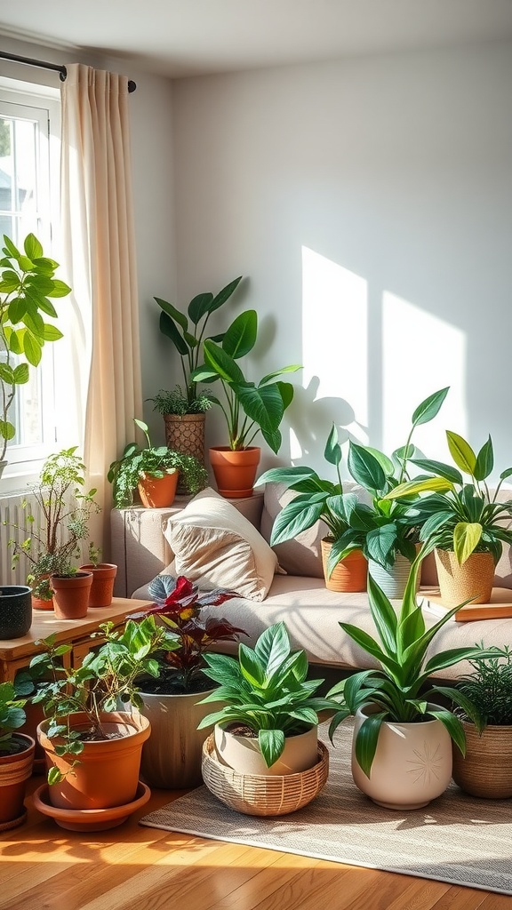 A cozy living room filled with various indoor plants in pots, showcasing greenery and natural light.
