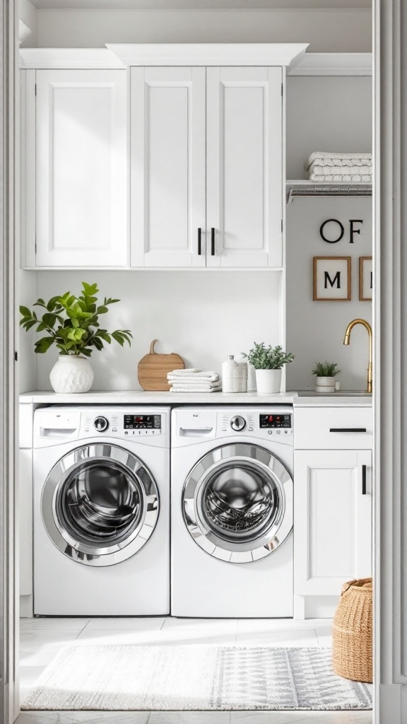 A well-organized laundry room with white cabinets and a linen closet.