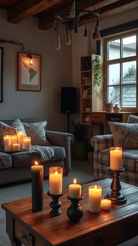 A cozy living room with various candles lit on a wooden table, creating a warm atmosphere.