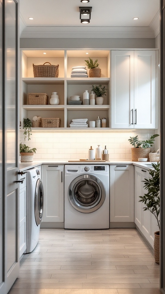 Well-organized laundry room with white cabinets and warm lighting.
