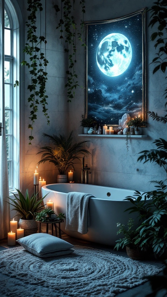 A bathroom with a moonlit altar featuring candles, plants, and a beautiful moon painting.