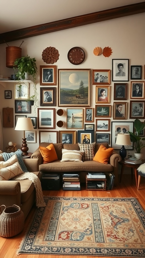 Cozy living room with a wall of framed pictures and earthy tones.