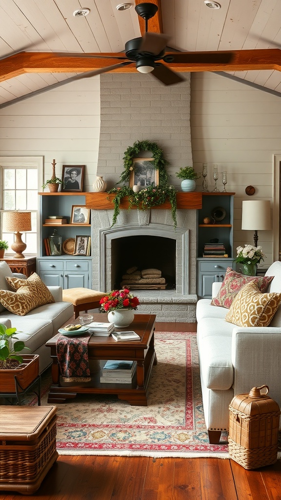 Cozy farmhouse living room with personalized decor and warm tones.