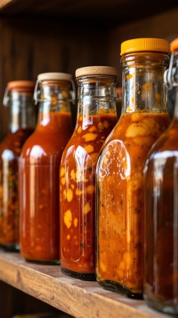 Various jars of sauces and condiments on a wooden shelf.