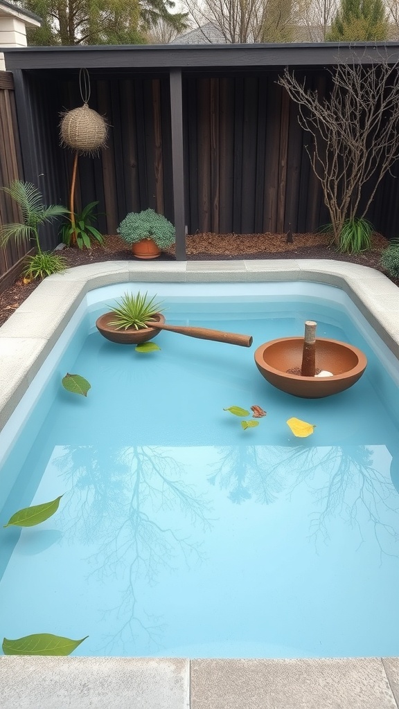A serene container pool with removable elements like floating plants, providing a seasonal touch.
