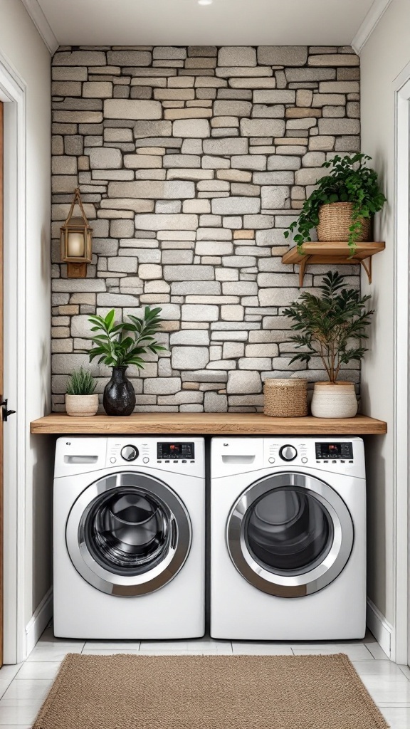 Laundry area with stone wall, plants, and modern washing machines