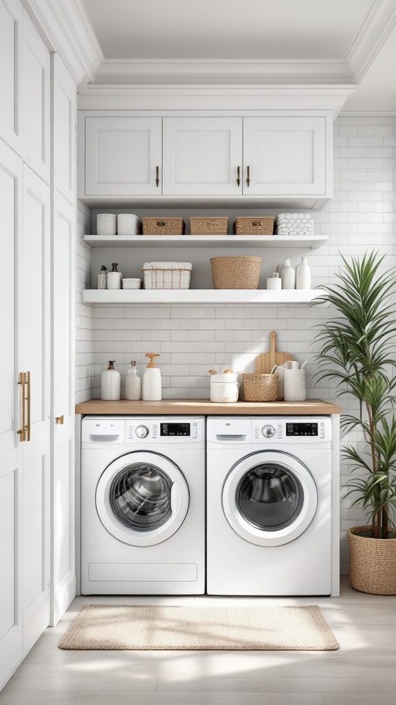 A stylish laundry room with white cabinets, open shelves, and organized storage.