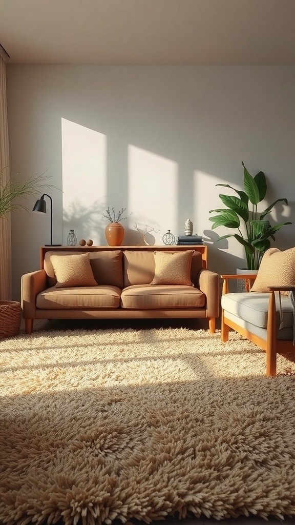 Cozy living room with a textured rug under a sofa and armchair.