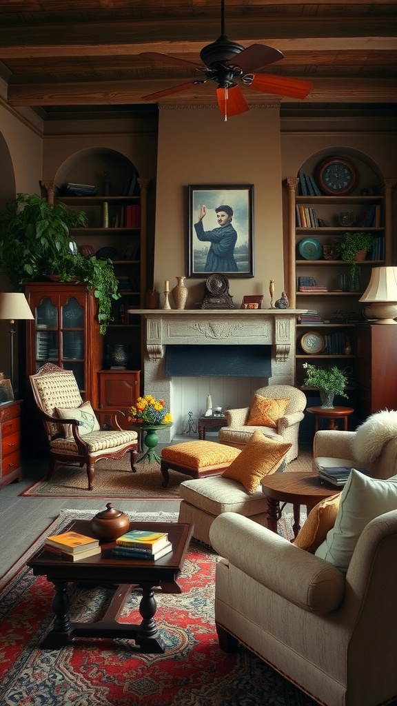 A cozy living room featuring vintage furniture and decor in warm earth tones.