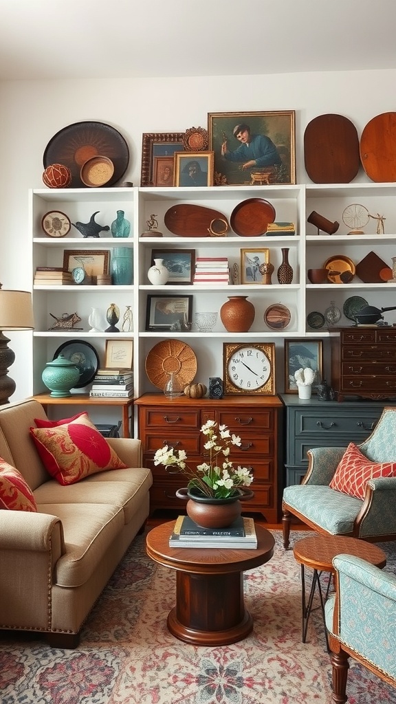 A cozy living room decorated with vintage finds, showcasing various decorative items and art on shelves.