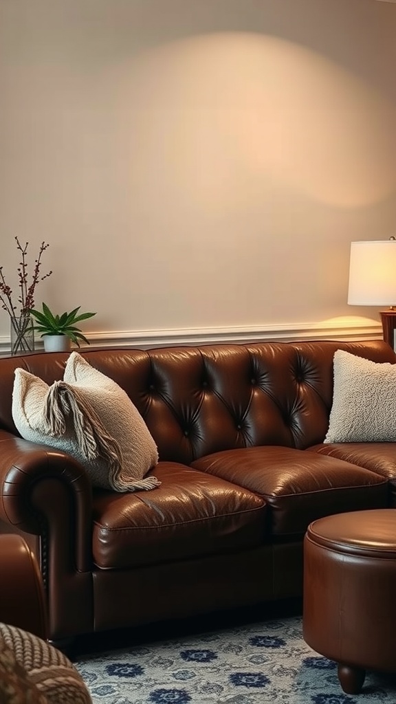 A cozy brown leather sofa with pillows, a small round table, and a plant in a warm living room.