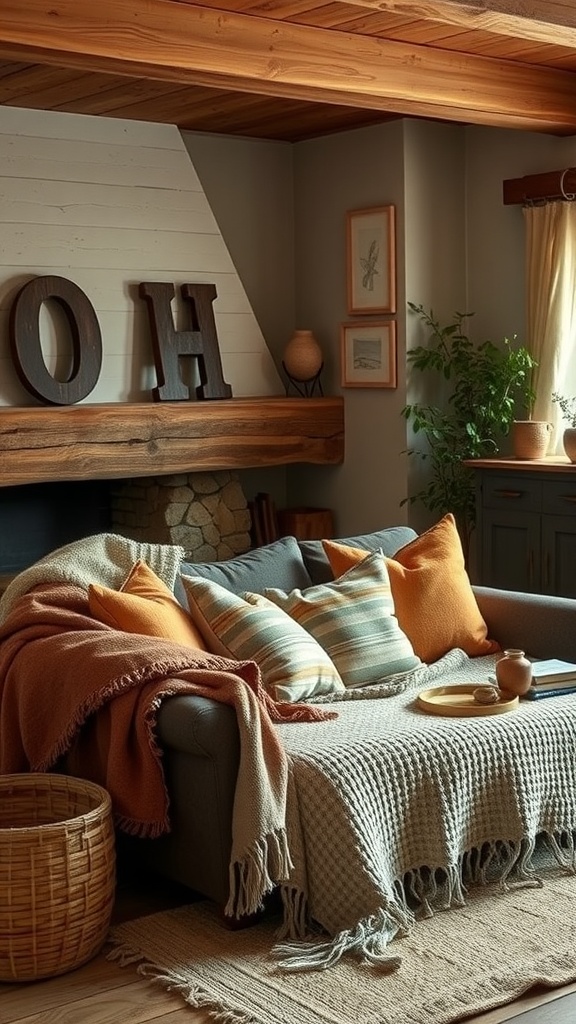 A cozy living room with layered textiles including colorful pillows and soft throws on a couch.