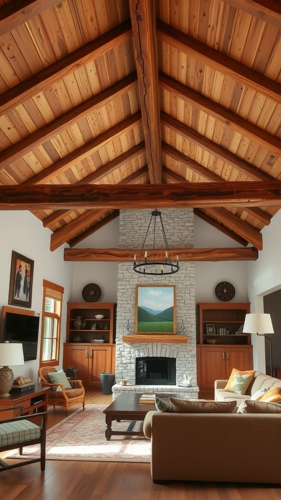 Cozy living room with wooden beams and earth tones