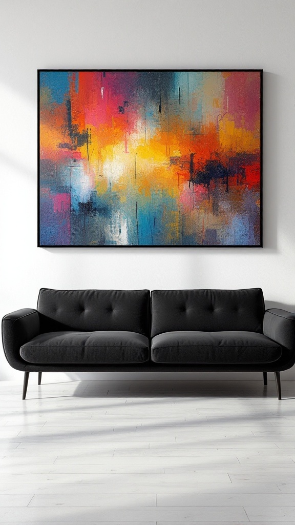 A colorful abstract art piece hanging above a black sofa in a modern living room.