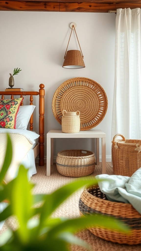 A cozy bedroom with woven baskets, sage green accents, and rattan touches.