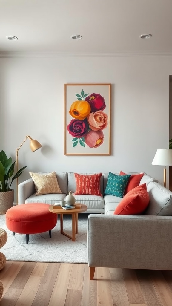 A cozy living room featuring a colorful floral painting and vibrant accessories.