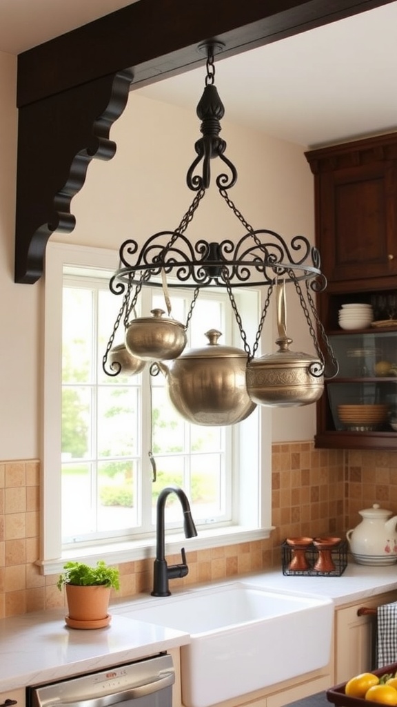 A kitchen featuring a wrought iron pot rack with hanging pots, wooden utensils, and colorful flowers on the counter.