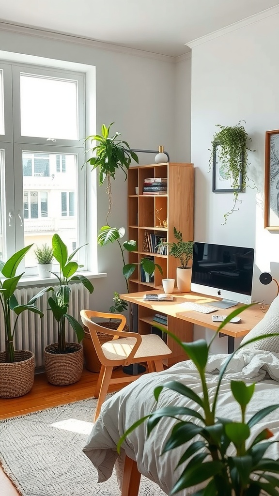 A bright room with greenery, a desk, and a bed, showcasing a cozy guest bedroom and office.