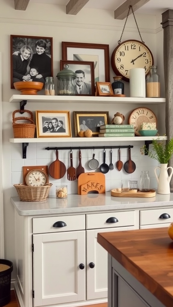 A cozy kitchen with family photos and decorative items on shelves.