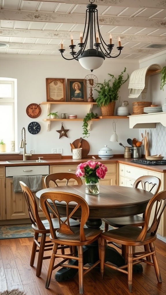 A cozy French country kitchen featuring vintage furniture, including a round wooden table and charming chairs.