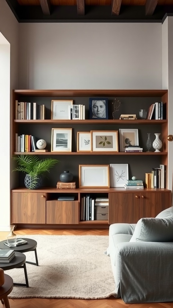 Stylish open shelving featuring books, framed art, and decorative items in a cozy living room.