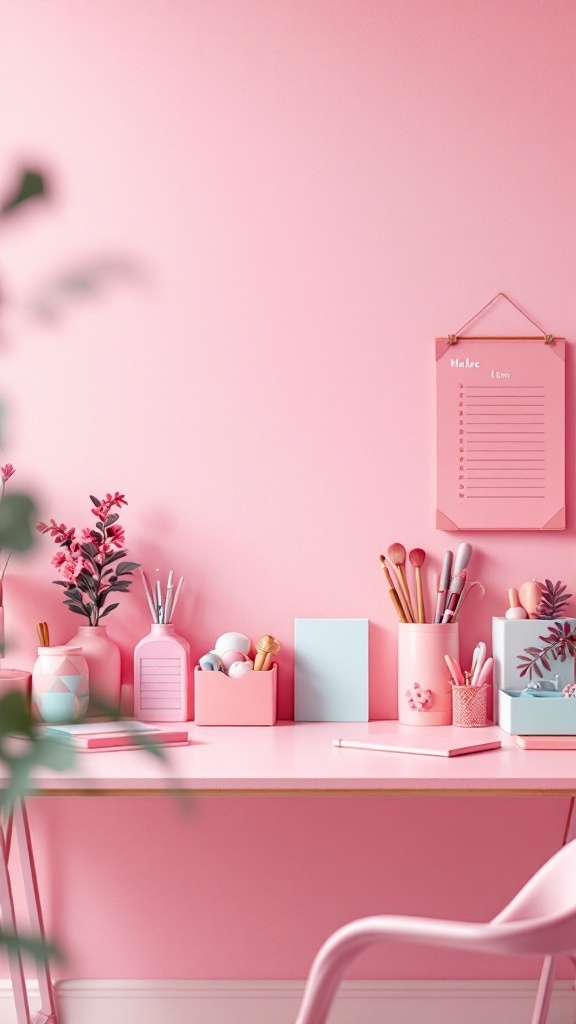 Aesthetic desk accessories in soft pink colors with plants and stationery.
