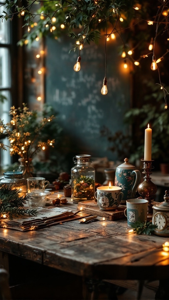 A rustic wedding table setting with aged wood, vintage decor, and fairy lights.