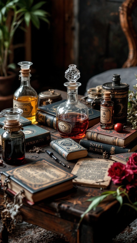 A cozy living room table display featuring vintage books, glass bottles of various sizes, and dried flowers.