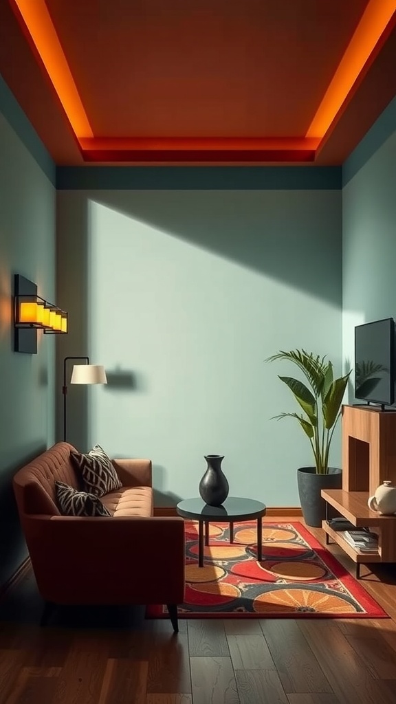 A small living room with Art Deco elements, featuring bold colors, geometric patterns, and stylish furniture.