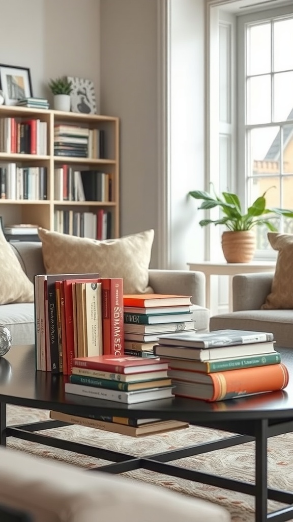 A cozy living room with artful book arrangements on a coffee table.