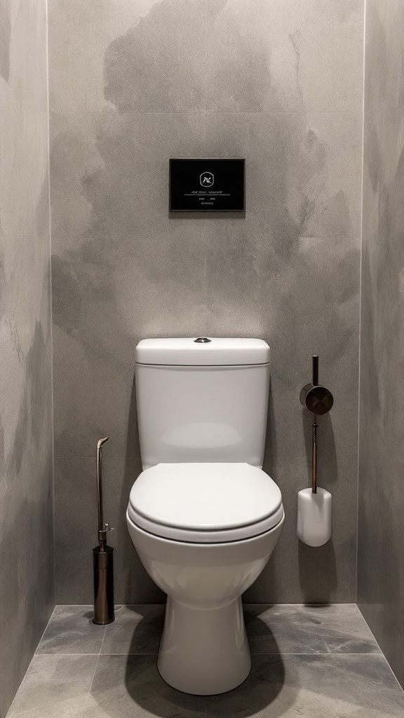 Modern toilet in a small bathroom, featuring elegant fixtures and a sleek design.