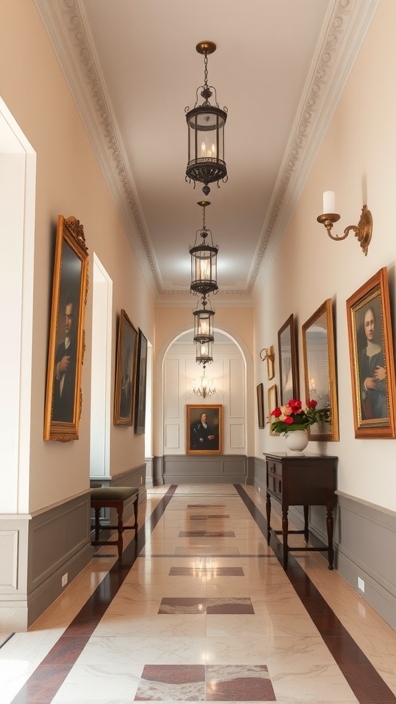 A hallway featuring colonial portraits, elegant lighting, and stylish decor.