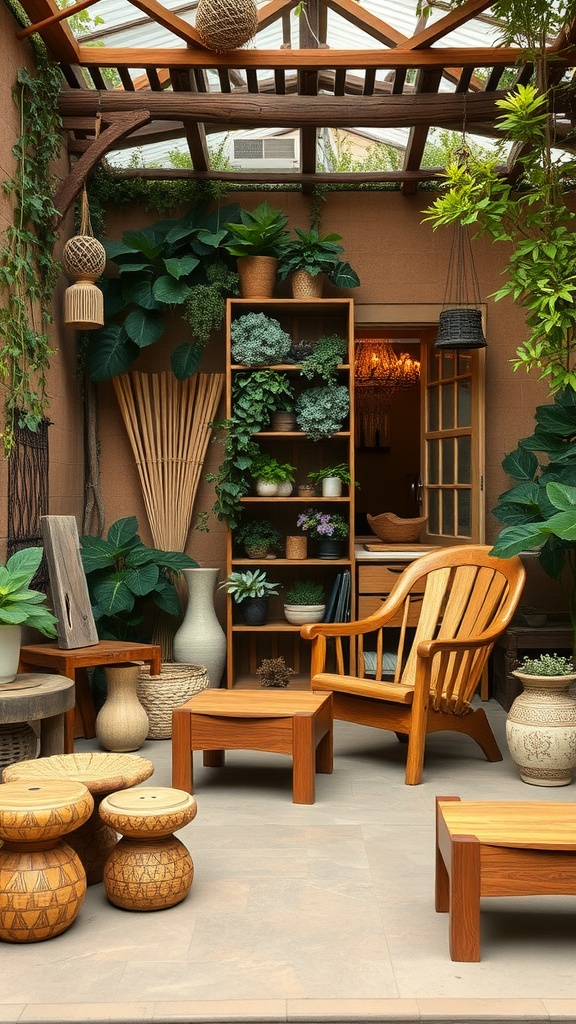 A beautifully crafted wooden chair surrounded by various plants and decorative vases in a cozy indoor space.