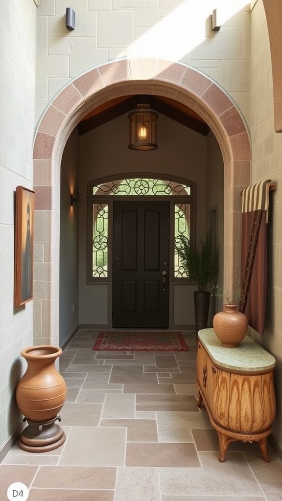 Minimalist entryway featuring a wooden door and natural decor.