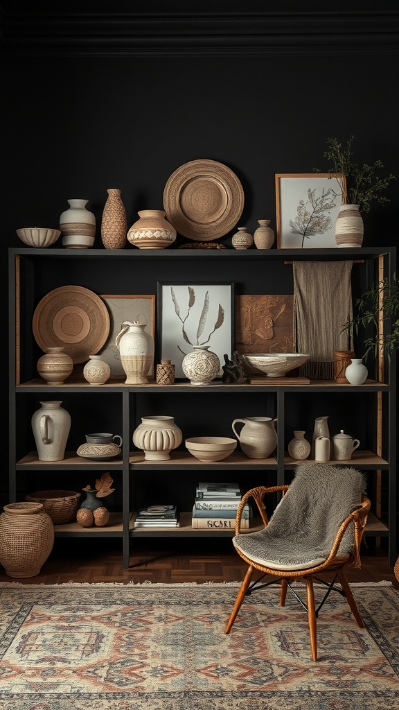 A dark boho living room showcasing artisan pottery, decor items, and a cozy chair.