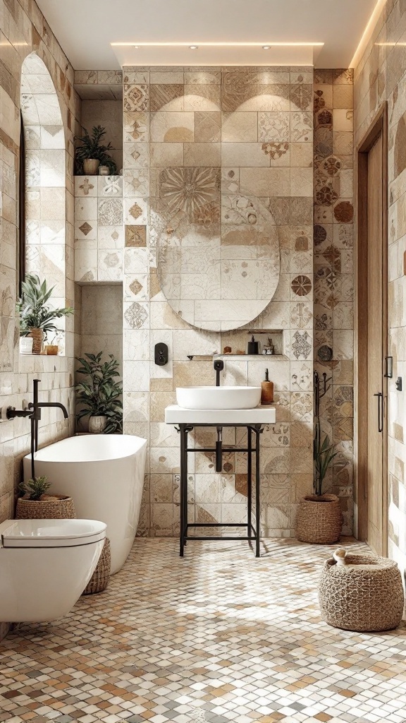A beautifully designed bathroom featuring artisan tile patterns on the walls and floor.