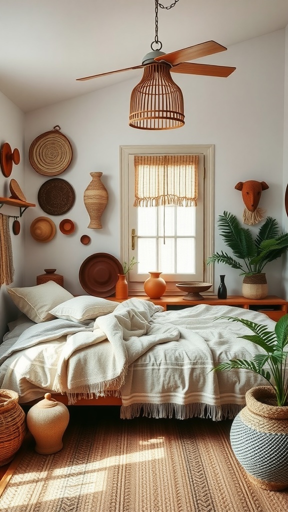 A cozy boho bedroom featuring artisanal decor, including woven baskets, pottery, and a light color palette.