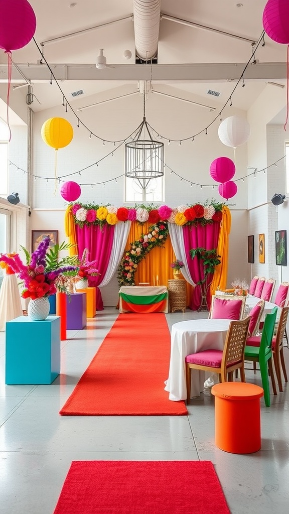 Colorful wedding decor featuring bright pinks, oranges, and greens with floral arrangements.