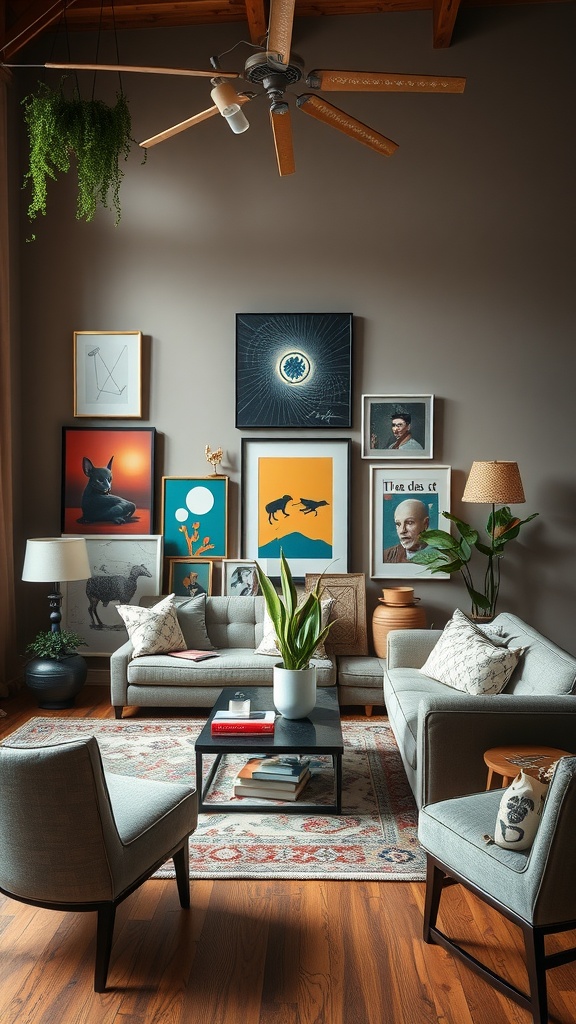 A cozy small living room featuring an eclectic mix of artwork and stylish furniture.