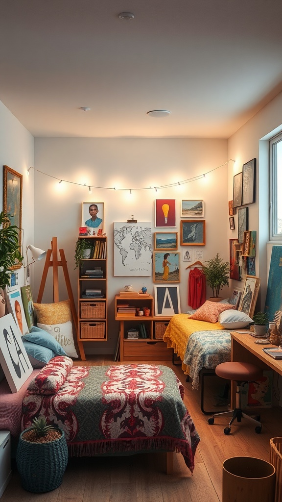 A cozy teenage bedroom showcasing art pieces on the walls, colorful bedding, and a workspace.