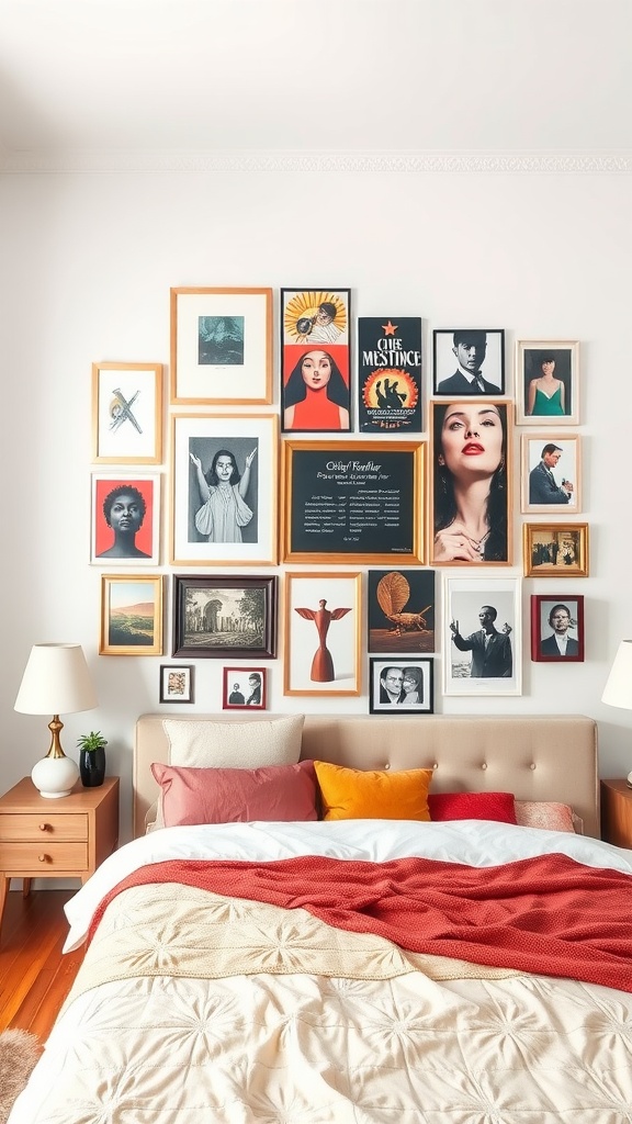 A beautifully arranged gallery wall featuring various framed artworks and photographs above a bed.