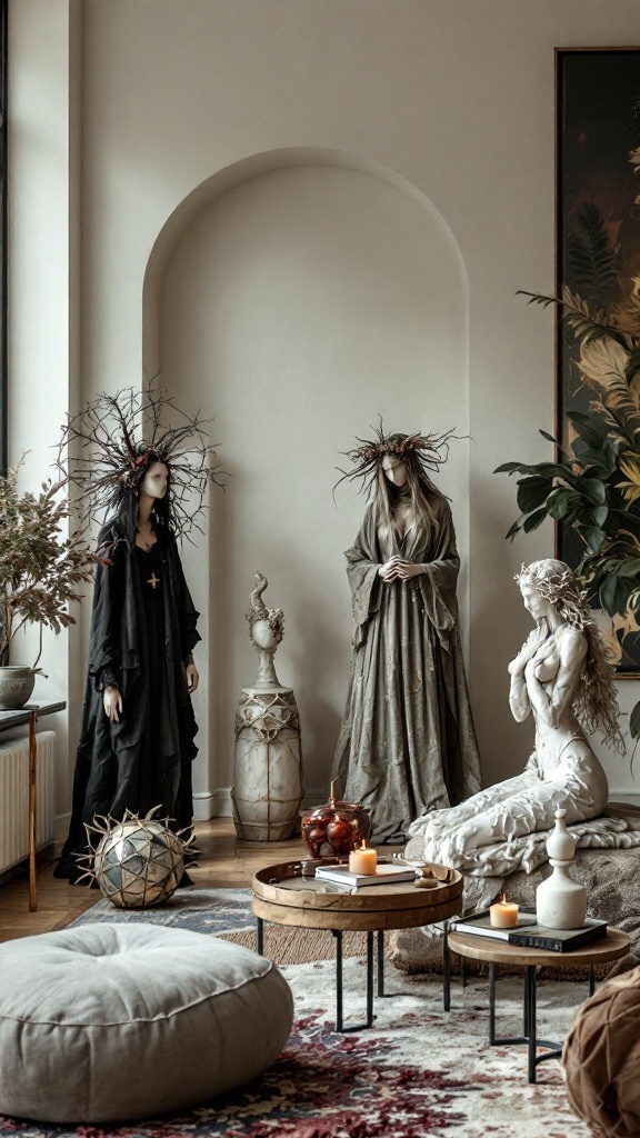 A stylish living room featuring artistic sculptures and statues in a witchy maximalism decor.