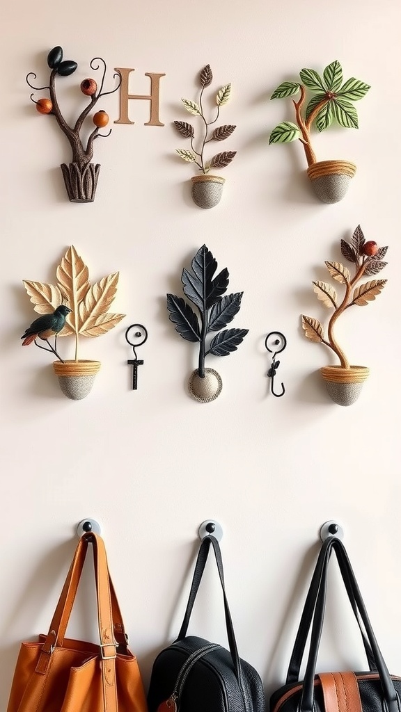 Artistic wall hooks with nature-inspired designs hanging on a wall.