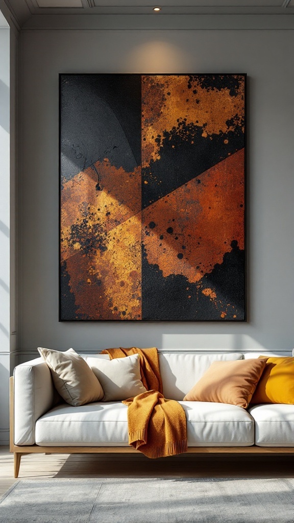 A living room featuring a bold abstract art installation in black and rust colors above a white sofa adorned with orange throw pillows.