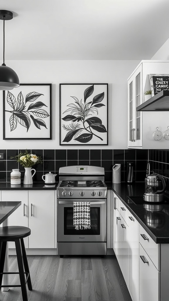 A modern kitchen featuring black and white leaf artwork on the wall, sleek appliances, and a stylish design.